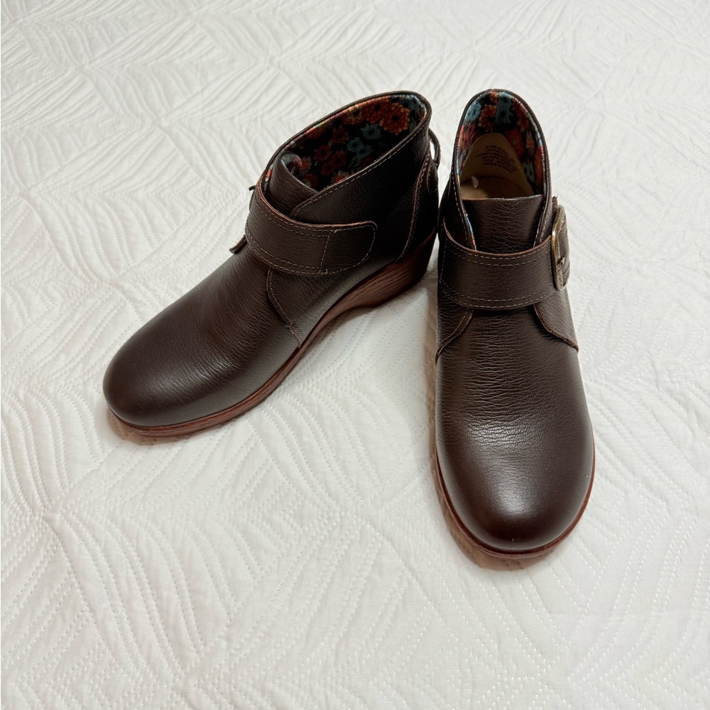 Women's Brown Leather Ankle Boots with Buckle Strap